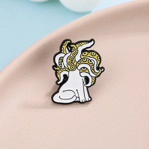 Creative white cat and octopus tentacles enamel brooch pin with polished metal details