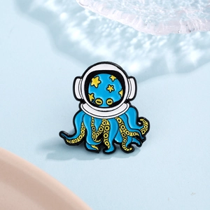 Creative blue octopus astronaut enamel brooch pin with spacesuit helmet on blue background