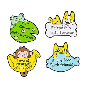 Set of four cute cartoon animal enamel pins featuring a frog, dog, monkey, and cat