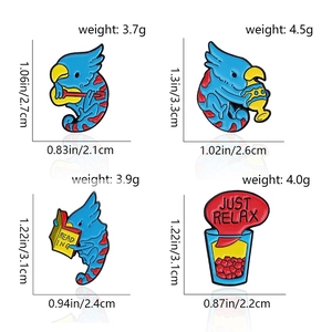 Detailed size and weight chart for four cute blue parrot enamel pins in creative poses