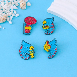 Cartoon Blue Parrot Enamel Pin Set Cute Animal Reading Playing Guitar Just Relax Zinc Alloy Brooch Badge For Backpack Decor