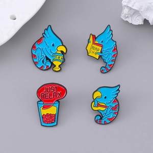 Cute cartoon blue parrot enamel pins set showing bird reading, playing guitar and relaxing