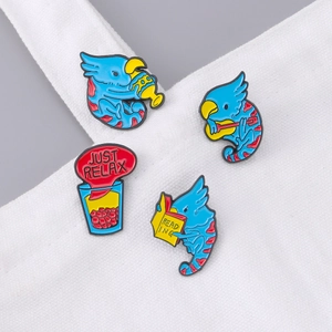 Cute blue parrot enamel pins set showing reading, guitar, and relaxing activities