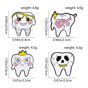 Detailed view showing dimensions of four cute enamel tooth brooches in various styles