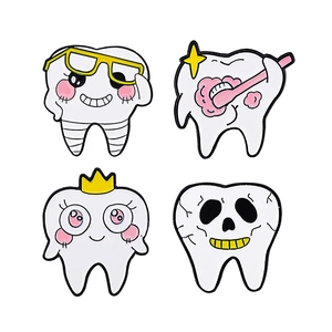 Creative cartoon teeth enamel pins set featuring four unique dental styles for clothing