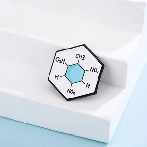 Hexagon enamel chemical formula molecule brooch with CH3 and NO2 symbols on white base