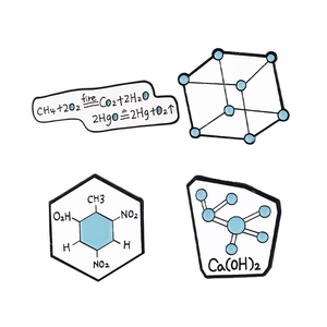Set of 4 chemistry enamel pins with molecular structures and chemical equations on white background