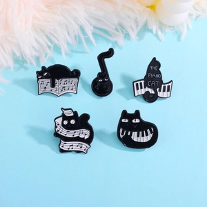 Creative 5-piece black cat piano enamel pins set with musical notes and staff motifs