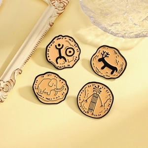 Set of 4 creative enamel brooches with prehistoric rock art elephant and deer motifs