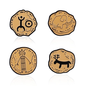 Set of 4 creative irregular round badges featuring prehistoric cave art style icons