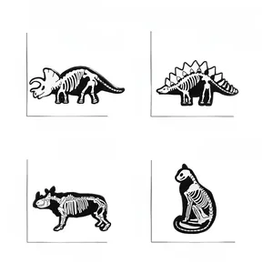 Detailed view of four dinosaur and animal skeletal enamel pins with size and weight metrics