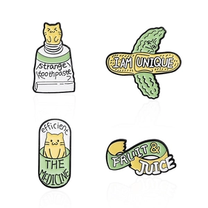 Funny cartoon enamel pins set featuring cat toothpaste and bandaged cucumber designs