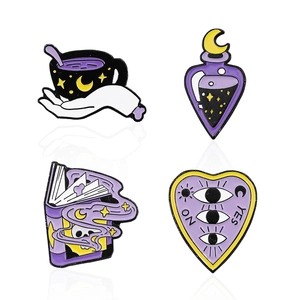 Mystic enamel pin set featuring skull book, magic bottle, moon cup, and heart planchette