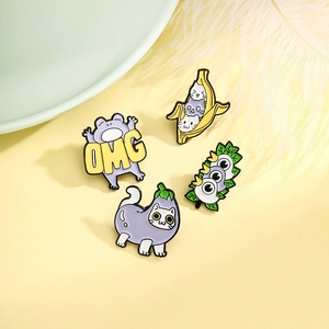 Funny enamel pin set featuring cats in banana and eggplant with birds on a tree