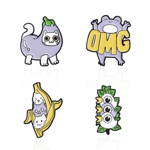 Funny set of four cartoon enamel pins featuring cat eggplant and banana kitten designs
