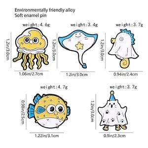 Set of 5 colorful cartoon sea animal enamel pins with dimensions and weight specs