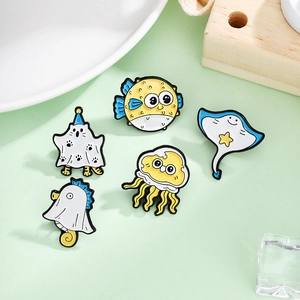 Cartoon Marine Animal Enamel Brooch Pin Set Ghost Seahorse Pufferfish Jellyfish Stingray Alloy Jewelry Gift For Kids Women