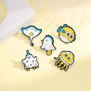 Set of 5 cute cartoon marine animal enamel brooches featuring seahorse and stingray designs