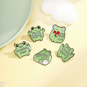 Five-piece set of cute cartoon frog enamel pins with various expressions and phrases