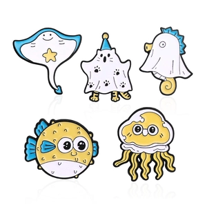 Set of 5 cute cartoon marine animal enamel pins featuring sea horse, ray and jellyfish
