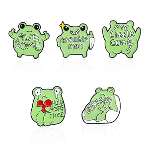 Set of 5 cute green frog enamel pins featuring various expressions and slogans on white base