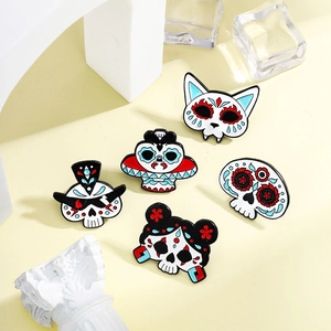 Five-piece Mexican sugar skull enamel pins set with colorful Day of the Dead mask designs