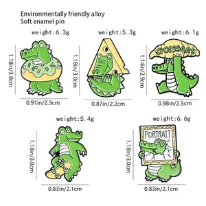 Set of five creative cartoon crocodile enamel pins featuring croissant and skating designs