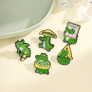 Five-piece set of creative cartoon crocodile enamel pins featuring croissant and skateboard