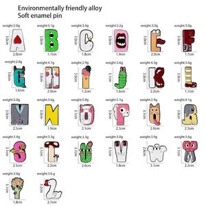 Size chart showing weight and dimensions for 26 cartoon alphabet enamel pins from A to Z
