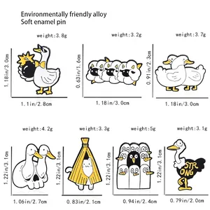 Size chart for enamel animal pins including skeleton duck, cat, and ostrich designs
