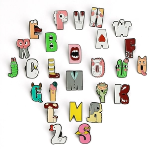 Cartoon English A-Z alphabet enamel pins with creative animal and object illustrations