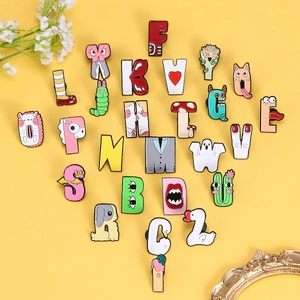 Cartoon alphabet enamel pins set featuring creative letters and quirky lip designs