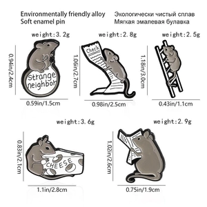 Detailed specs of five cute cartoon mouse enamel pins made of eco-friendly alloy material