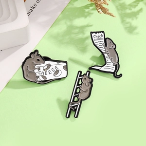 Three-piece set of cute cartoon grey mouse enamel pins with cheese and ladder icons