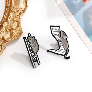 Detailed macro view of enamel grey mouse pins climbing a ladder and checklist