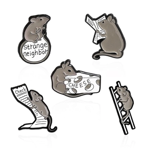 Five-piece set of cute cartoon grey mouse enamel pins with cheese and ladder icons