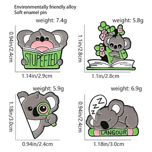 Size chart for cute koala enamel pins showing dimensions and weights of four styles