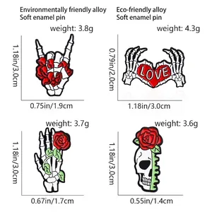 Punk style half-face skull and red rose alloy pins with heart gesture and LOVE text