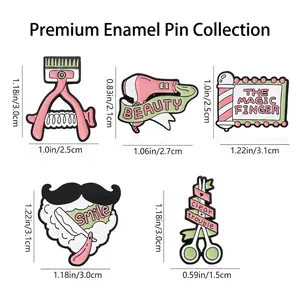Friseur-Emaille-Pin-Set mit Maßen für Haartrockner, Schere und Rasiermesser