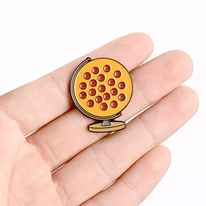 Creative enamel globe brooch featuring a pizza world map design on a metal stand