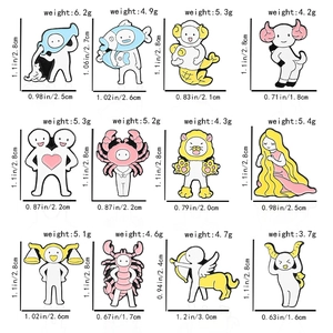 Detailed chart showing weights and dimensions for all 12 zodiac cartoon enamel pins