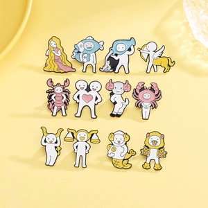 Set of twelve creative zodiac enamel pins featuring minimalist cartoon character designs