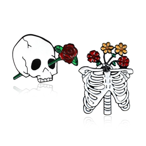 Gothic skull and ribcage enamel pin set with red roses in creative punk style