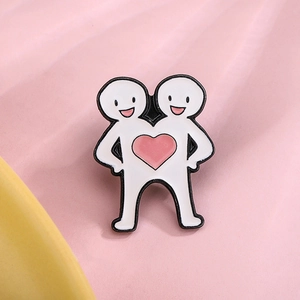 Cartoon enamel pin featuring two stick figures with a pink heart on a wavy background