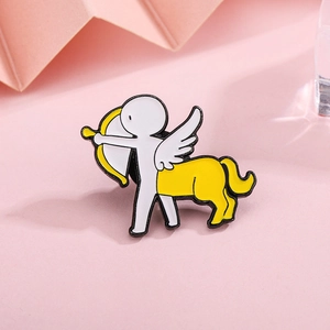 Creative Sagittarius zodiac enamel pin featuring a centaur archer design in white and yellow
