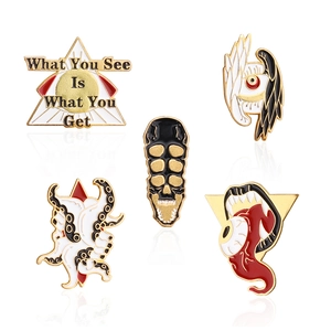 Set of five surreal metal enamel pins including octopus and skull for Halloween costumes