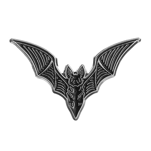 Gothic black bat brooch badge with silver metal outlines and detailed wings on white background