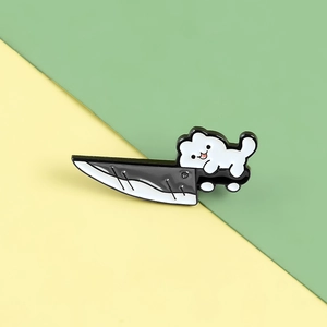 Funny Cartoon White Cat Holding Kitchen Knife Enamel Pin Zinc Alloy Animal Brooch For Backpack Clothing Decoration Gift