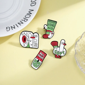 Creative 4-piece cartoon enamel pin set including bandage, cleanser, bird, and nail polish