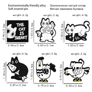Size chart showing dimensions for various cat and chicken enamel pin badges in detail